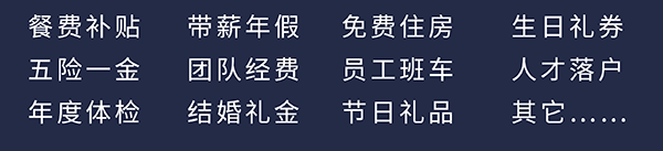 新宝GG员工福利：餐费津贴、五险一金、年度体检、带薪年假、团队经费、完婚礼金、免费住房、员工班车、节日礼物、生日礼券、人才落户、其它……