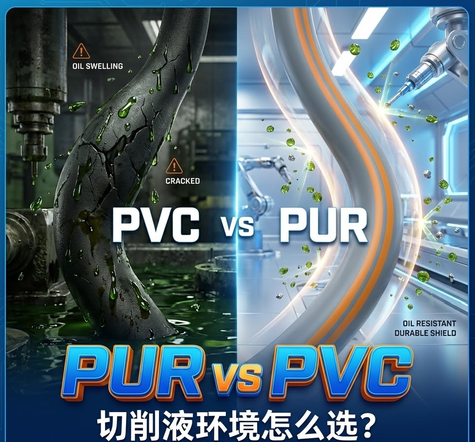 PUR vs PVC：机床切削液环境下，你的拖链电缆选对护套了吗？
